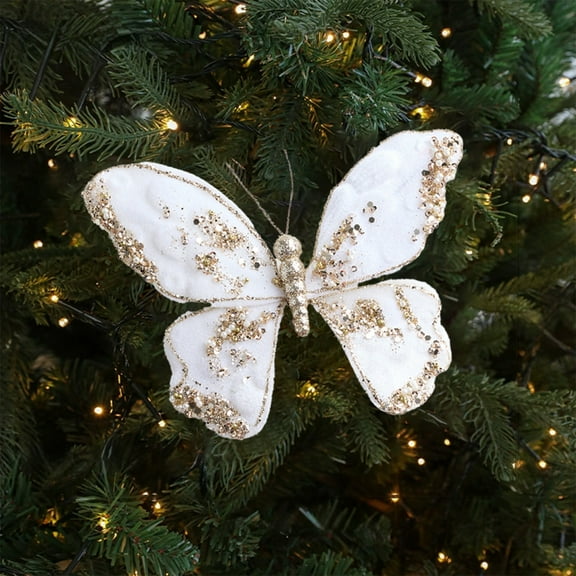 XYAIYT Christmas Decorative Butterflies Tree Ornaments Sparkling Fabric Glitter Coated Sturdy Metal Clip Reusable Realistic 3D Design for Tree Wreath Wedding Festival 7.1in White