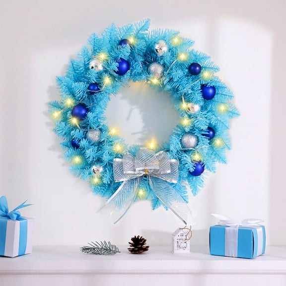 Yialzm Christmas Wreath for Door with Battery Operated Lights Handwoven Decor with Natural Suit for Home and Festive Celebrations 15.7in Blue