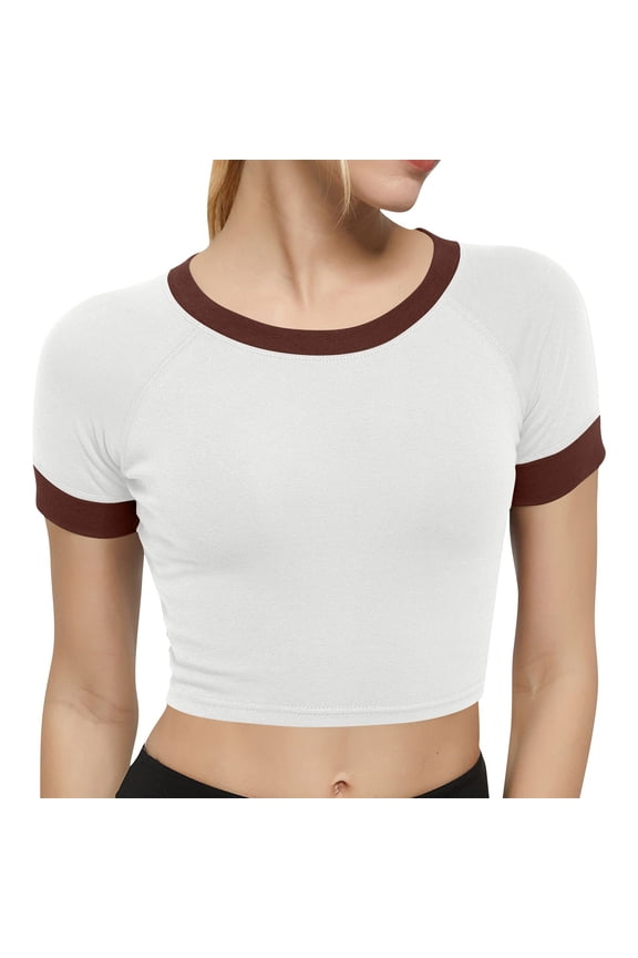 Cropped Tops for Womens Summer Slim Short Sleeve T-Shirt Fashion Color Block Crew Neck Tees