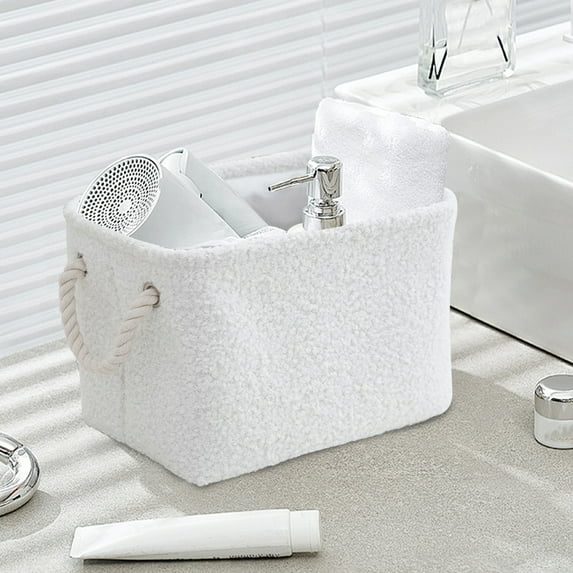 XYAIYT Curly Artificial Fleece Decorative Storage Basket Soft with Carrying Rope for Home Living Room Bathroom Multi Purpose Storage Bin 11.8 x 7.8 x 8.2 Inch 0.44lb