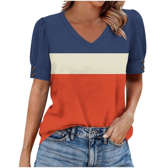 XYAIYT Fashion Tops for Womens V Neck Color-Block Blouses Short Sleeve Puff Sleeve Summer Casual Loose T-shirt