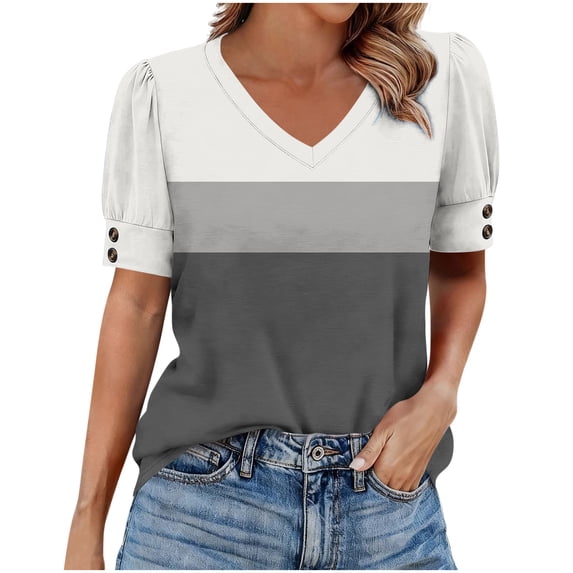 XYAIYT Fashion Tops for Womens V Neck Color-Block Blouses Short Sleeve Puff Sleeve Summer Casual Loose T-shirt