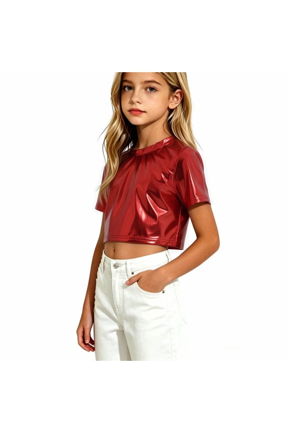 Girls Crop Tops Sequin Crew Neck Short Sleeve T-shirts Kids Summer Tees for Dance Performance Going Out
