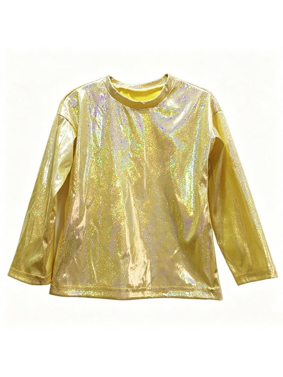 Girls Long Sleeve Sequins Tops Crew Neck Sparkle T-shirts Kids Performance Dance Clothes for 2-15T