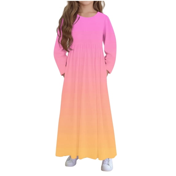 XYAIYT Girls Maxi Dresses Gradient Color Round Neck Long Sleeve Ruffle Dress Children Girl Casual Clothes