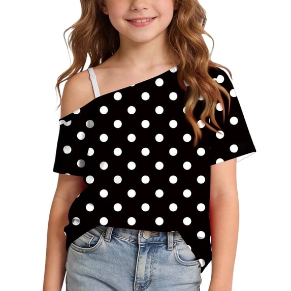 XYAIYT Girls Off Shoulder Tops Polka Dot Printed Short Sleeve T-Shirts Casual Summer Tee for Kids 5-14 Yeas