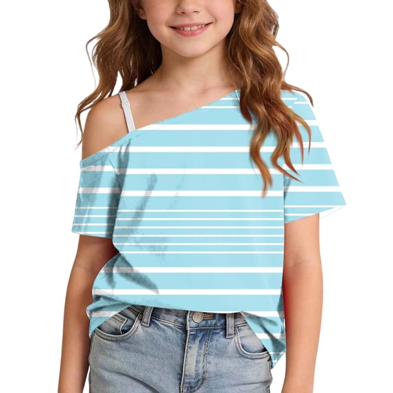 XYAIYT Girls Short Sleeve T-Shirts Off Shoulder Tops Striped Print Casual Summer Tee for Kids 5-14 Yeas