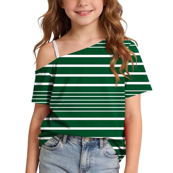 XYAIYT Girls Short Sleeve T-Shirts Off Shoulder Tops Striped Print Casual Summer Tee for Kids 5-14 Yeas