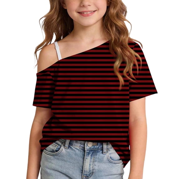 XYAIYT Girls Short Sleeve T-Shirts Off Shoulder Tops Striped Print Color Block Tee for Kids 5-14 Yeas