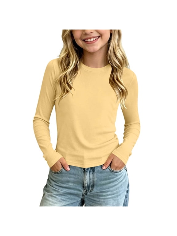 Girls Summer Spring Tops Lightweight Long Sleeve Tees Solid Color Round Neck T-shirts for Girls