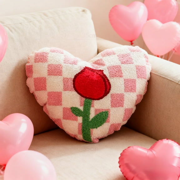 XYAIYT Heart Shaped Throw Pillow Rose Embroidered Tufted Plush Polyester Decorative Accent Romantic Hugging Cushion for Sofa Bedroom Living Room Valentine's Day Gift Pink 13.8in