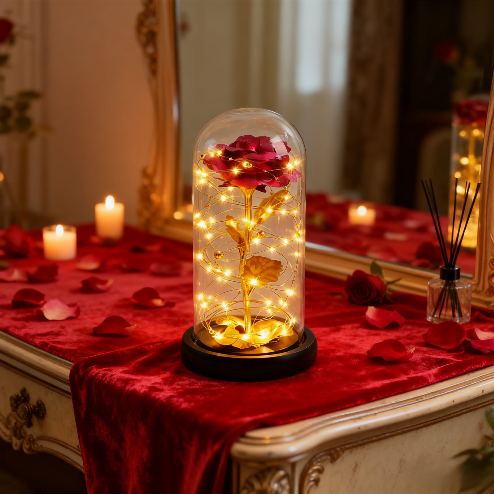 XYAIYT LED Rose Lamp Glass Dome Romantic Night Light Metallic Foil ...
