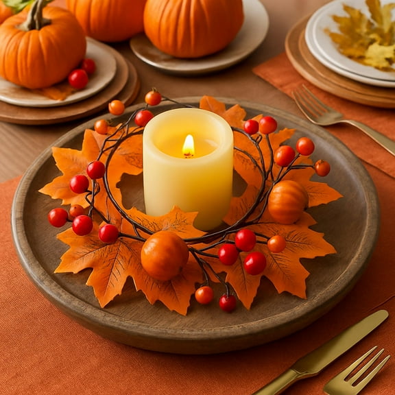 XYAIYT Maple Leaf Pumpkin Wreath Christmas Decorations Realistic Silk Leaves with Foam Pumpkins Handmade Candle Ring Centerpiece for Mantel Table Door Wall Autumn Decor 5.9in Orange