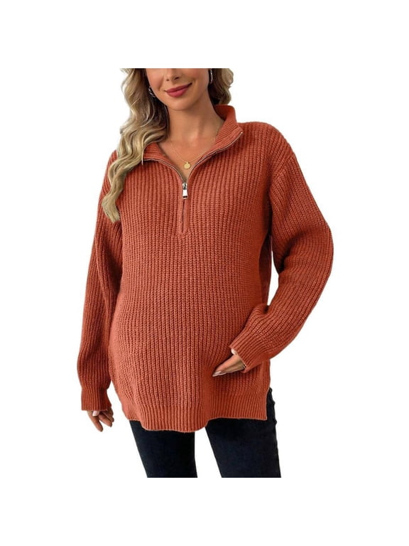 Maternity Sweater Tops for Women Quarter Zipper Knitted Top Side Slit Fall Warm Pregnancy Blouses