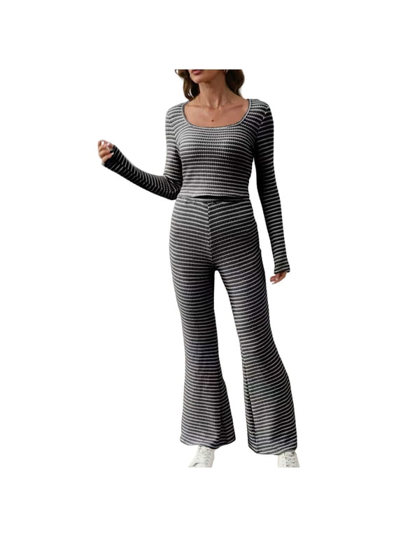 Pajamas for Women Set Striped Loungewear Long Sleeve Crop Tops and Flared Leg Pants Comfy Soft Matching Sets