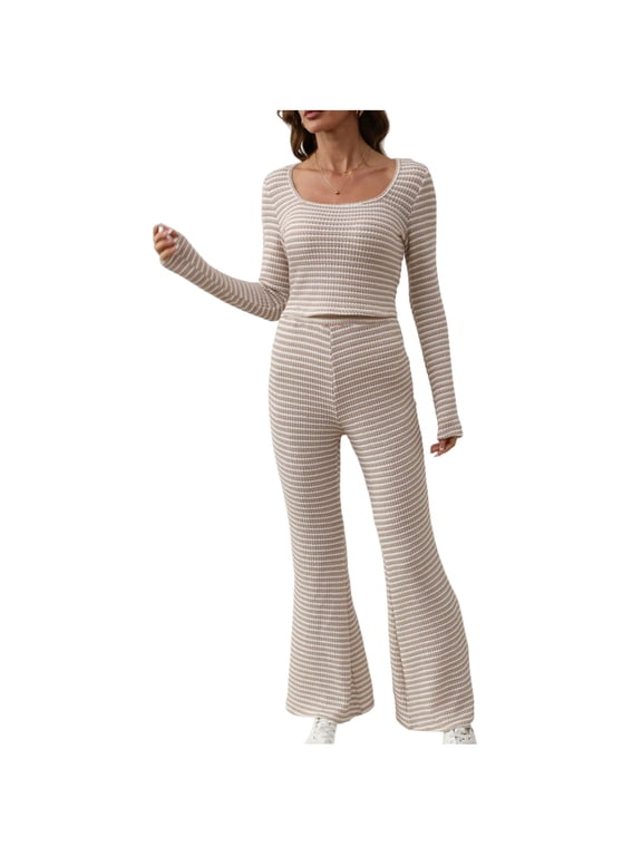 Pajamas for Women Set Striped Loungewear Long Sleeve Crop Tops and Flared Leg Pants Comfy Soft Matching Sets