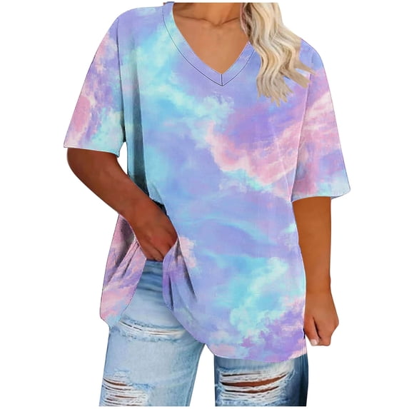 XYAIYT Plus Size Tops for Women Gradient Printed Oversize Summer T-shirts V Neck 3/4 Sleeve Tunic Blouses