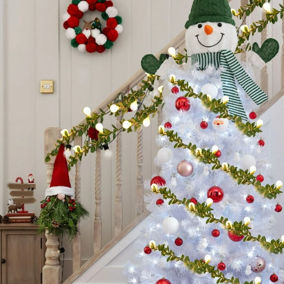 XYAIYT Simulated Leaf Decorative Light String Christmas Garland Lights with Warm Led Battery Operated Timer Flexible Pvc Branches for Tree Mantel Table Indoor Holiday Decor 118.1in Green