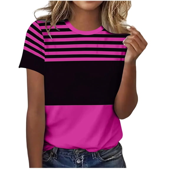 XYAIYT Striped Tops for Women Fashion Printed Crew-neck Short Sleeve T-shirt Casual Summer Loose Tee