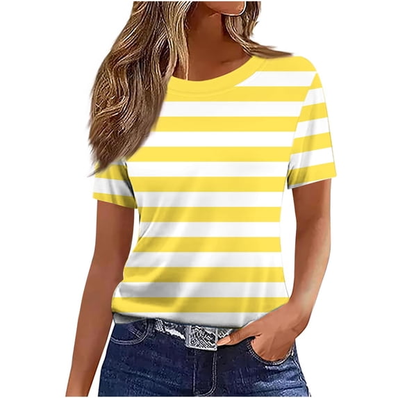 XYAIYT Summer Tops for Women Crew-neck Ladies Short Sleeve T-shirt Striped Print Slim Casual Basic Tees