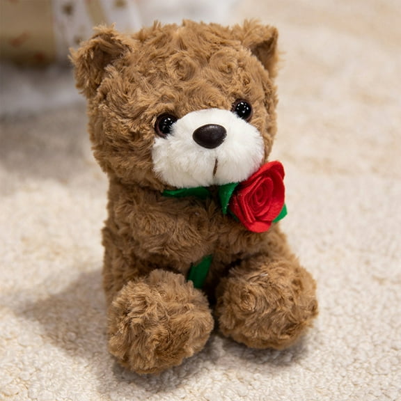 XYAIYT Teddy Bear Plush Rose Bear Gift for Girlfriend Romantic Soft Short Plush Doll with Rose Hat and Cute Face for Birthday Home Decor Festival Keepsake Brown 7.9in
