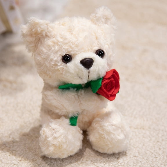 XYAIYT Teddy Bear Plush Rose Bear Gift for Girlfriend Romantic Soft Short Plush Doll with Rose Hat and Cute Face for Birthday Home Decor Festival Keepsake White 7.9in
