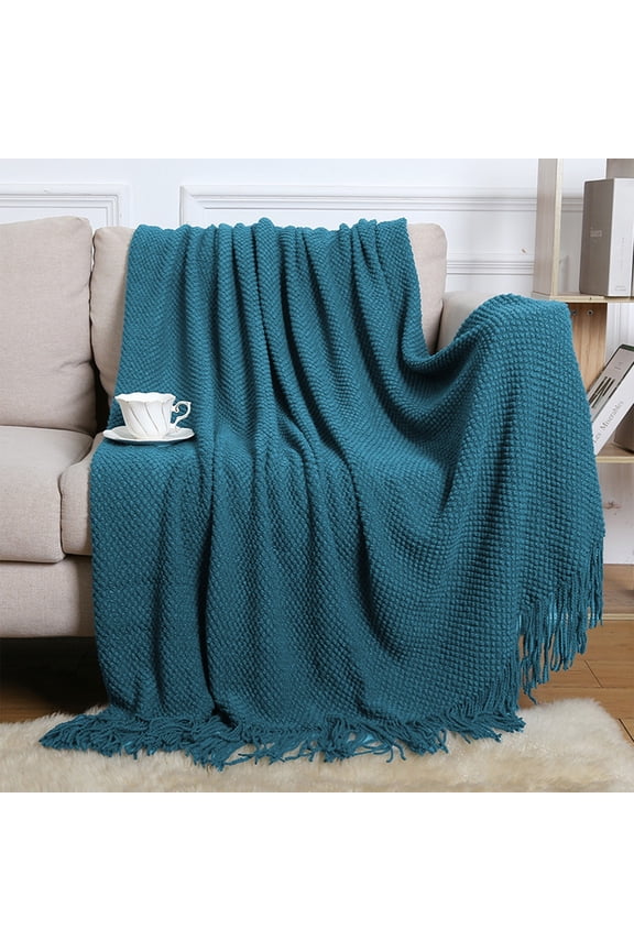Throw Blanket Fringe Sofa Cover Blanket Soft Cozy Acrylic Knit Breathable Lightweight Washable for Couch Office Afternoon Naps Air Conditioning Use and Home Decor Accent 67.7x50in Blue