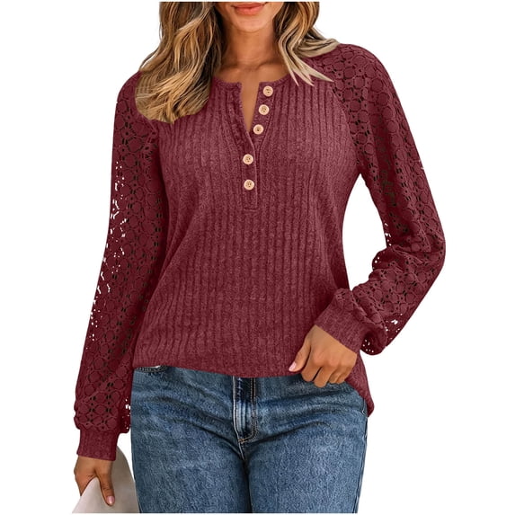 XYAIYT Women Knitted Blouses Round Neck Lace Long Sleeve Tops Casual Loose Button Down Shirts Dressy Casual