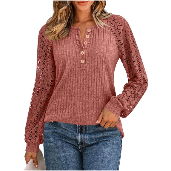 XYAIYT Women Knitted Blouses Round Neck Lace Long Sleeve Tops Casual Loose Button Down Shirts Dressy Casual