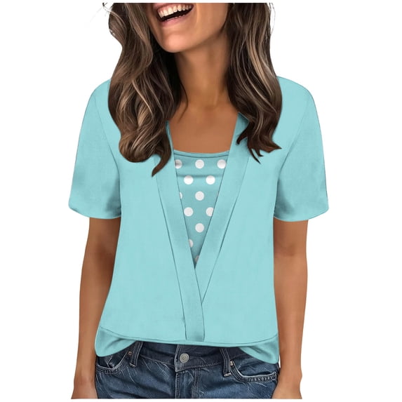 XYAIYT Women's T-Shirts Round Neck 2 In 1 Tops for Women Casual Polka Dot Printed Summer Short Sleeve Blouses