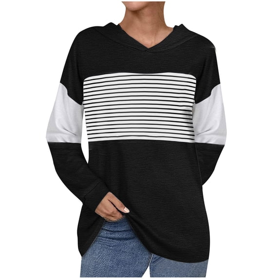 XYAIYT Womens Hooded Sweatshirt Striped Print Long Sleeve Drawstring Hoodies Trendy Pullover Tunics Top