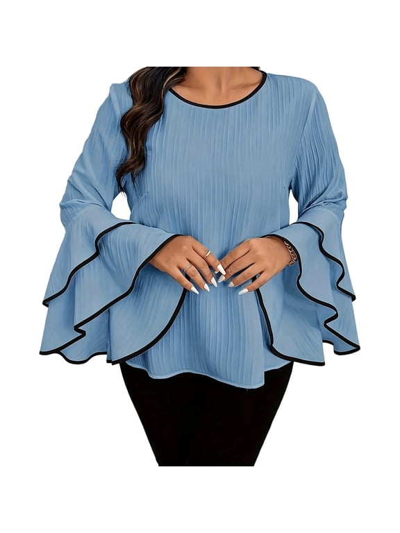 Womens Plus Size Tops Flared Long Sleeve Shirts Fashion Round Neck Ruffle Blouses Dressy Casual