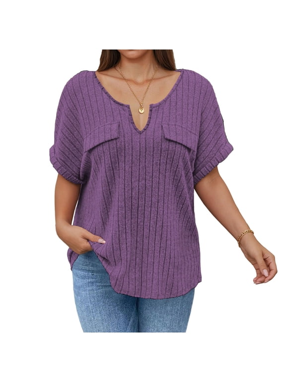 Womens Plus Size Tops V Neck Oversized Short Sleeve T-shirt Pocket Front Casual Summer Ladies Tee