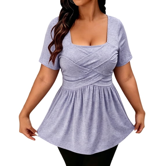 XYAIYT Womens Summer Short Sleeve Tunics Square Neck Casual Top with Chest Cross Strap Fashion Solid Color Blouses