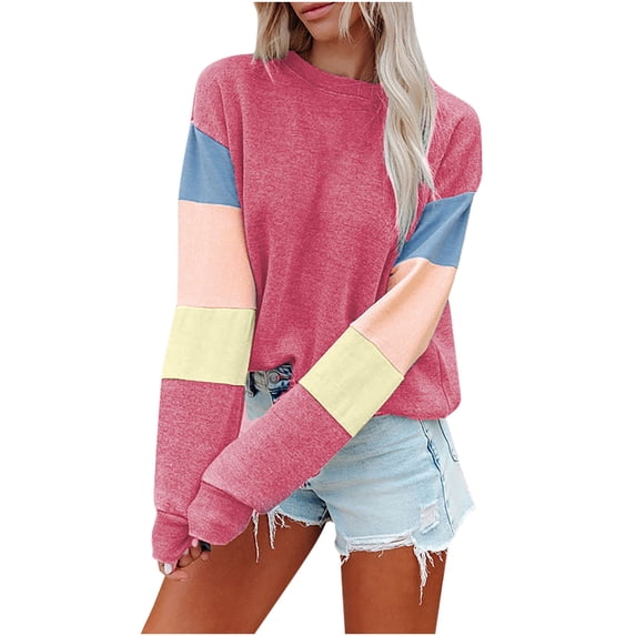 XYAIYT Womens Trendy Pullover Top Round Neck Sweatshirt Color Block Long Sleeve Fall No Hood Sweatshirts