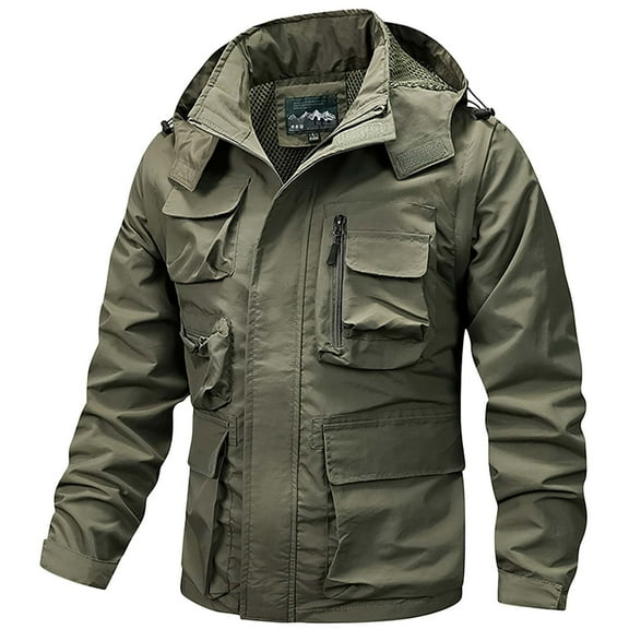 XYBOMB Cargo Jacket, Men's Mid-length Casual Jacket Detachable Jacket Coat Fall Winter Trend Coat, Field Jacket Men Motorcycle Jacket Men Jackets for Men Army Green L