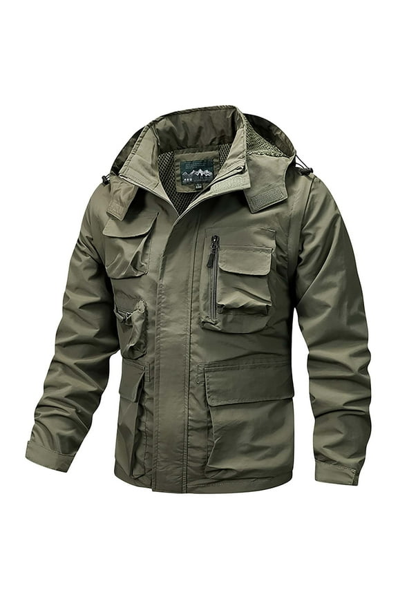 Cargo Jacket, Men's Mid-length Casual Jacket Detachable Jacket Coat Fall Winter Trend Coat, Field Jacket Men Motorcycle Jacket Men Jackets for Men Army Green L