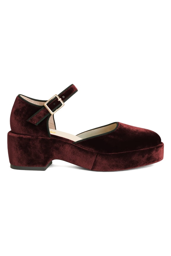 Women Ankle Strap Velvet Mary Janes Low Chunky Heel Pumps Closed Round Toe Vintage School Casual Shoes Size 16 Dark Red