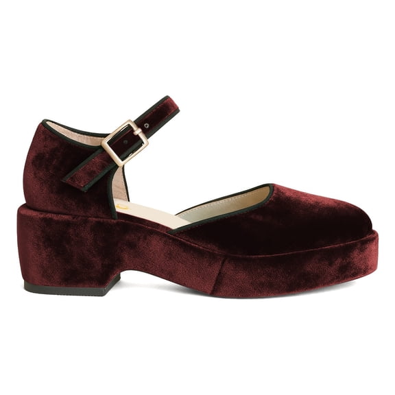 XYD Women Ankle Strap Velvet Mary Janes Low Chunky Heel Pumps Closed Round Toe Vintage School Casual Shoes Size 4 Dark Red