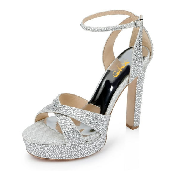 XYD Women Bejeweled Crossed Straps Open Toe Platform Sandals Block High Heels Ankle Wrap Party Wedding Shoes Size 6 Silver