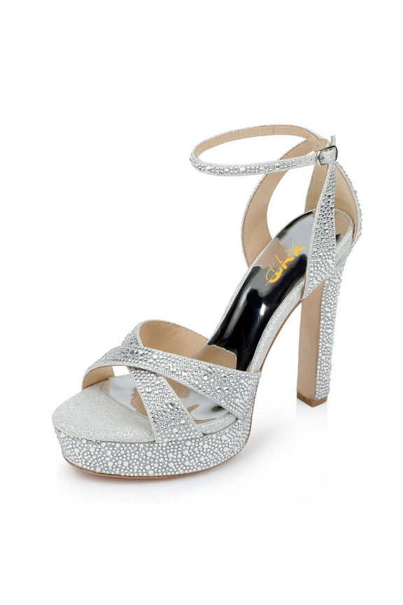 Women Bejeweled Crossed Straps Open Toe Platform Sandals Block High Heels Ankle Wrap Party Wedding Shoes Size 8 Silver