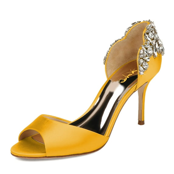 XYD Women Bejeweled Heel Open Toe D'Orsay Stiletto Heels Satin Pumps Sparkling Crystal Bridal Wedding Shoes Size 11.5 Orange