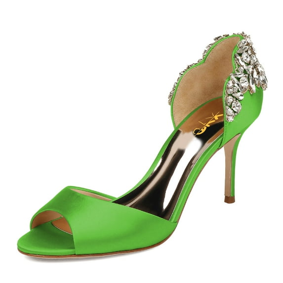 XYD Women Bejeweled Heel Open Toe D'Orsay Stiletto Heels Satin Pumps Sparkling Crystal Bridal Wedding Shoes Size 14 Green