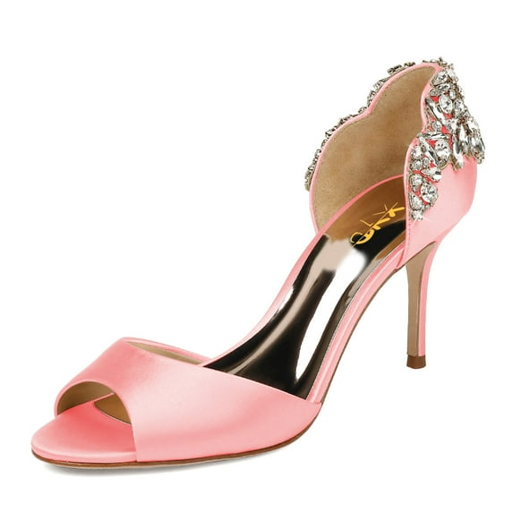 XYD Women Bejeweled Heel Open Toe D'Orsay Stiletto Heels Satin Pumps Sparkling Crystal Bridal Wedding Shoes Size 15 Pink