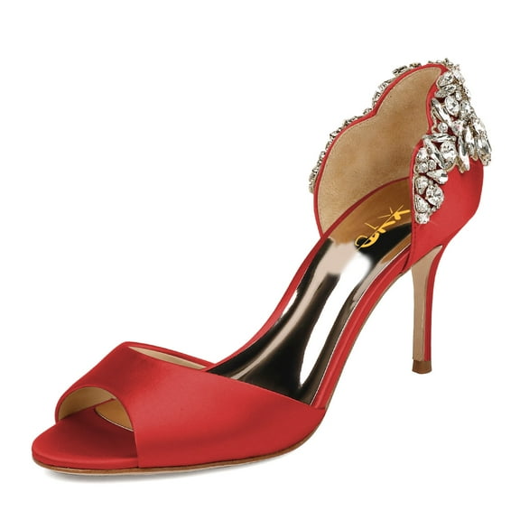 XYD Women Bejeweled Heel Open Toe D'Orsay Stiletto Heels Satin Pumps Sparkling Crystal Bridal Wedding Shoes Size 8 Red