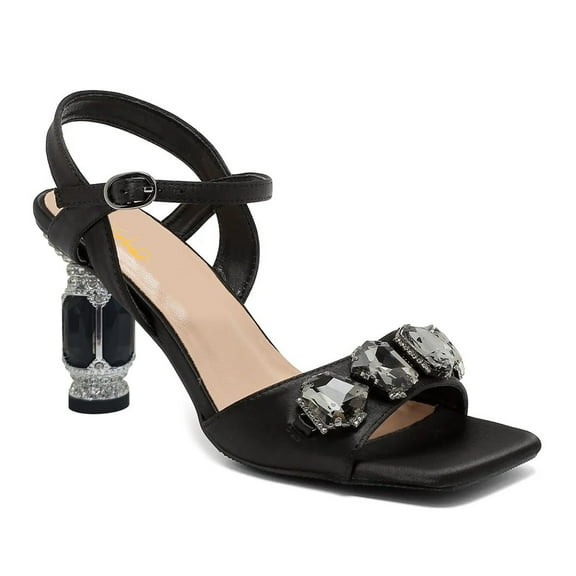 XYD Women Bling Jewelled Mid Crystal Heels Studded Ankle Strap Buckle Sandals Prom Party Date Shoes Size 10 Black