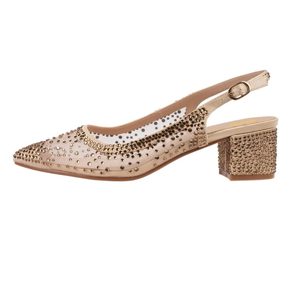 XYD Women Bling Rhinestone Mesh Slingback Pumps Chunky Low Heel Pointed Toe Slip On Mother of Bride Shoes Size 10 Gold