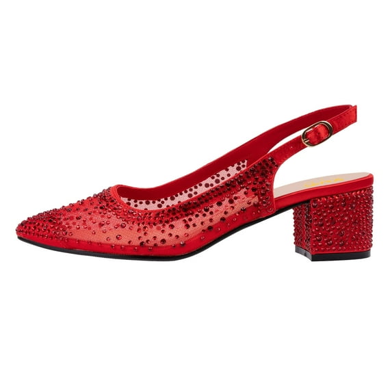 XYD Women Bling Rhinestone Mesh Slingback Pumps Chunky Low Heel Pointed Toe Slip On Mother of Bride Shoes Size 11.5 Red