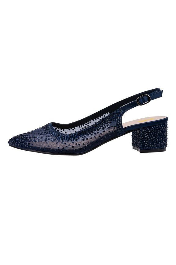 Women Bling Rhinestone Mesh Slingback Pumps Chunky Low Heel Pointed Toe Slip On Mother of Bride Shoes Size 5.5 Navy