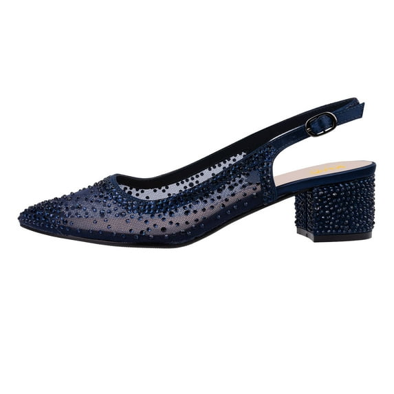 XYD Women Bling Rhinestone Mesh Slingback Pumps Chunky Low Heel Pointed Toe Slip On Mother of Bride Shoes Size 8 Navy